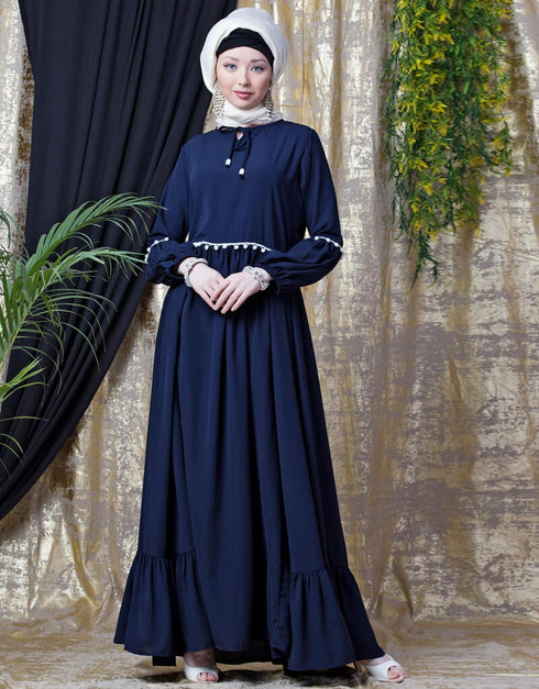 Modest Balloon Sleeve Pom Pom Lace Bohemian Abaya Navy Blue